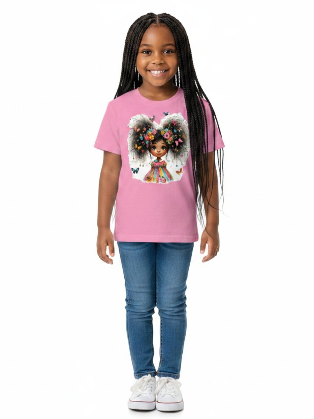 Little Girls Cute Afro Puff African American Girl Magic Flower Butterfly T-Shirt